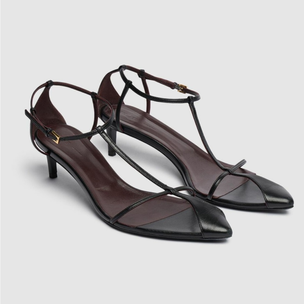 KHAITE 45mm Bella T strap Black Leather Heel Sandals - size 39